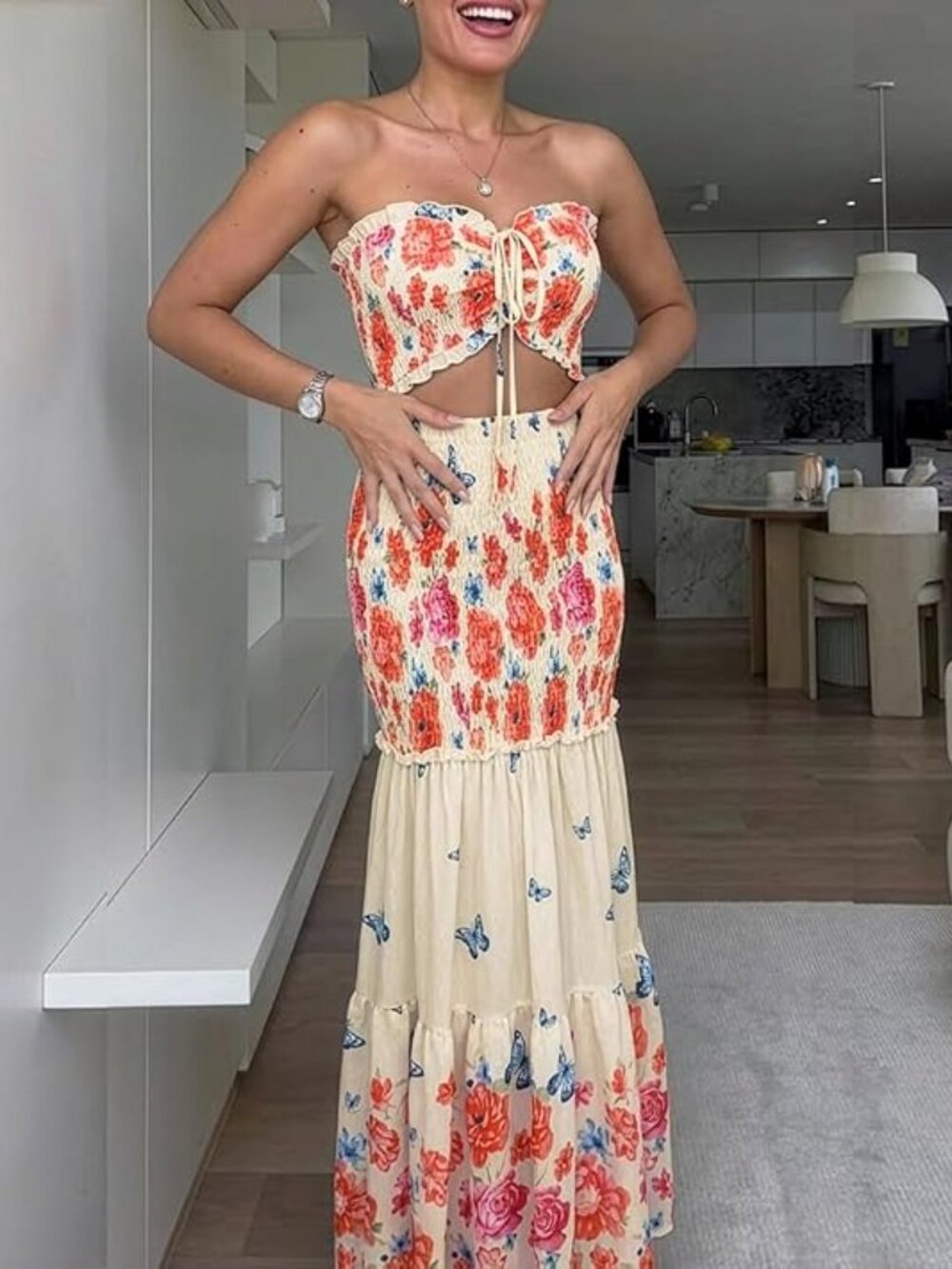 Floral Printed Vacation Dress Halter Tie Ruched Shirred Bandeau Party Dress Sli - Picture 5 of 5